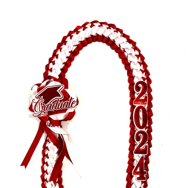 2024 Red & White Double Braided Graduation Ribbon Lei