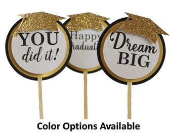 Graduation Cupcake Toppers, Set of 12, Graduation,  Glitter, Handcrafted Party Decor