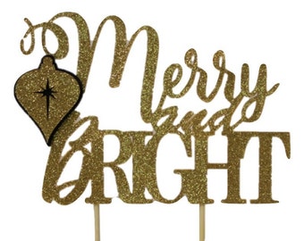 Black & Gold Merry and Bright Cake Topper, 1pc, Christmas, Black and Glitter Gold, Handcrafted Party Decor, Party Supplies