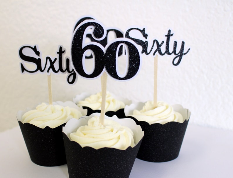 Sixty Cupcake Toppers, Set of 12, Birthday/Anniversary, Cupcake Decor, Handcrafted Party Decor image 2