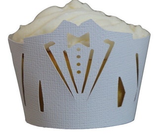 White Tuxedo Cupcake Wrappers, Set of 12, Groom/Wedding, White Texture, Cupcake Decor, Handcrafted Party Decor, Party Supplies