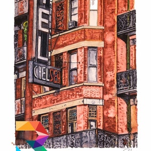 RĘCZNIE NARYSOWANY Oryginalny wydruk akwarelowy „Chelsea Hotel - NYC” autorstwa Ricka Longa!! Dostępny w formacie 9X11 w oprawie, 11x14 i 20x30