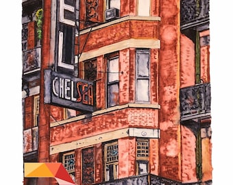 HAND DRAWN Original Watercolor Print art "Chelsea Hotel - NYC" by Rick Long!! Available in 9X11 matted, 11x14, and 20x30