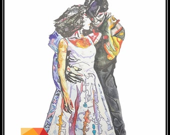 May include: A watercolor painting of a couple embracing. The woman is wearing a white dress with colorful accents and the man is wearing a black shirt. The painting is done in a vibrant style with splashes of color.