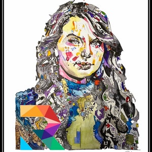 May include: A colorful abstract portrait of a woman with long hair. The woman's face is made up of many different shapes and colors, and her hair is flowing down her back. The background is white. The artist's signature is in the bottom right corner. The website "ricklongart.com" is in the bottom left corner.