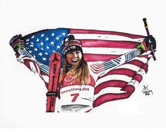 HAND DRAWN Original Watercolor 18" X 24" art "Au" featuring Mikaela Shiffrin! Available in 9X11, 11x14, and 20x30 Prints as well!