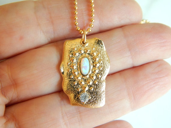 Cubic zirconia and opal dog tag necklace, gold layering necklace