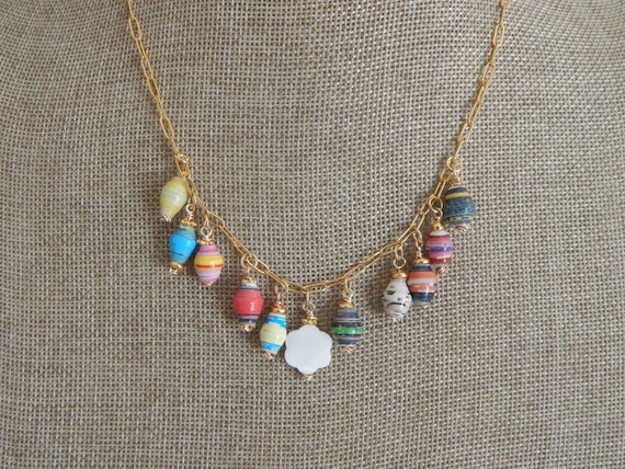 Multi charm paper bead necklac, boho necklace, trendy jewelry, 18kt gold plated paperclip necklace