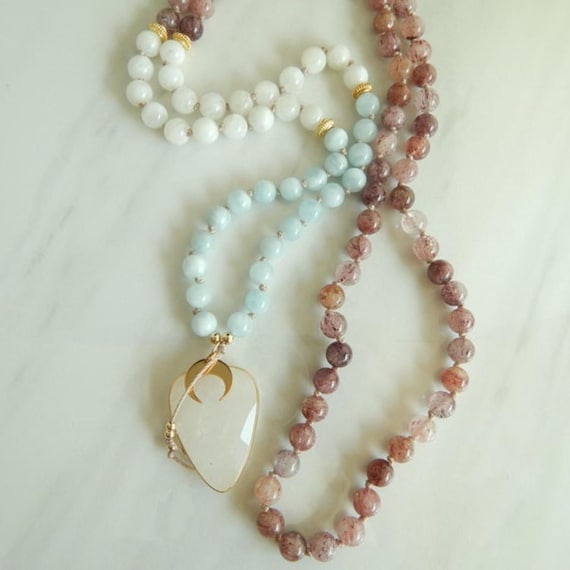 READY TO SHIP Handknotted 108 bead mala necklace, Courage mala, 8mm gemstone mala, moon charm, yoga jewelry, aquamarine necklace