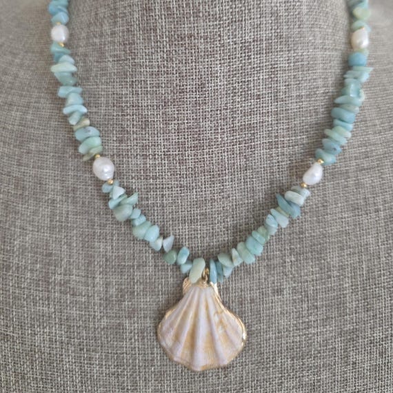 Amazonite nugget necklace with shell pendant, beach jewelry