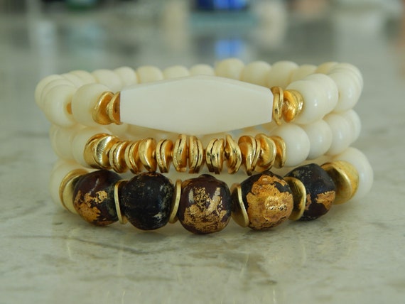 Bracelet with recycled glass beads, stacking bracelets, boho luxe jewelry, neutral