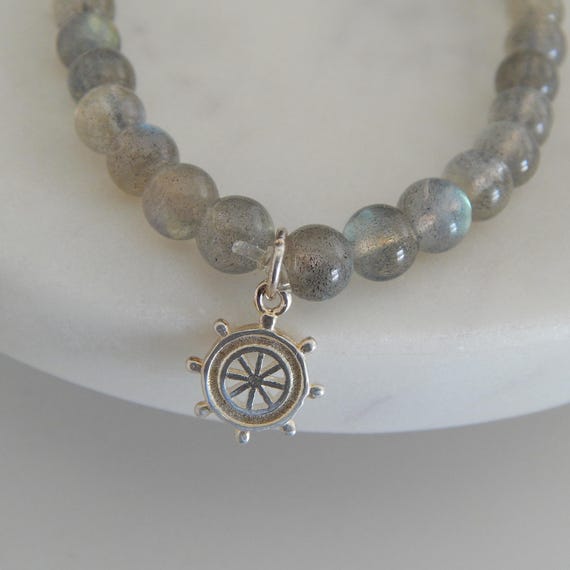 Smooth labradorite bead bracelet with sterling silver boat wheel, gray stacking bracelet, beach boho bracelet