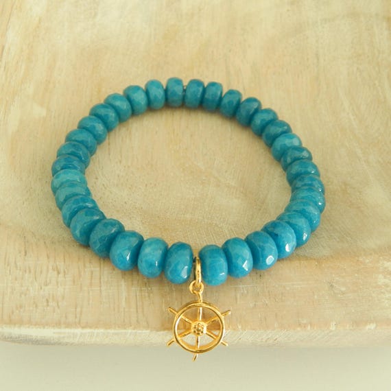 Teal blue jade bracelet with gold vermeil boat wheel charm, boho chic, stacking bracelet
