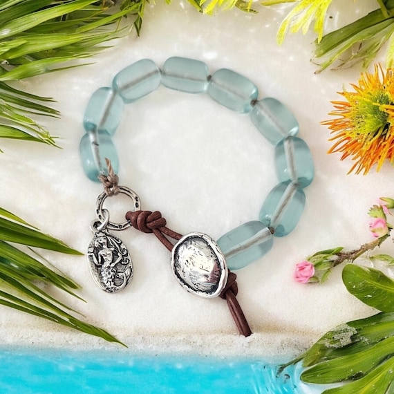 Hand knotted blue quartz nuggets with sterling silve button, beach boho bracelet, mermaid charm
