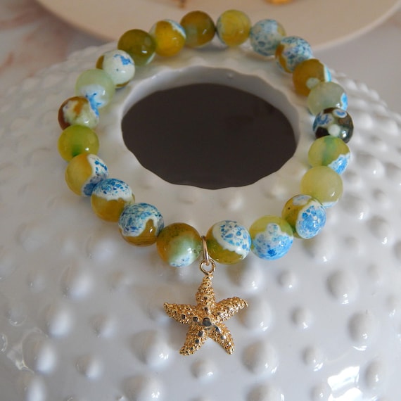 Green and blue agate stretch bracelet with gold vermeil starfish charm, stacking bracelet,beach boho bracelet, sealife charm