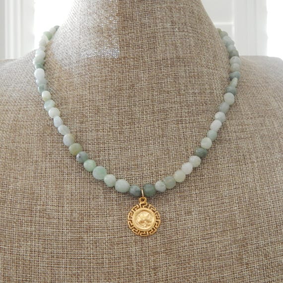 Jade necklace with gold roman coin pendant, dainty necklace, nugget necklace