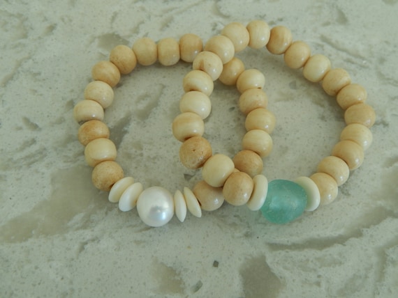 Bone bead and pearl bracelet, summer jewelry, beach boho jewelry, stacking bracelets, recycled seaglass, neutral