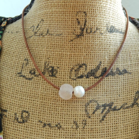 Freshwater pearl with african recycled glass bead and leather necklace, beachy boho style