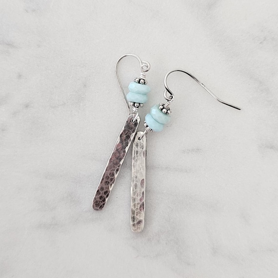 Hammered sterling silver earrings, modern style jewelry, blue opal gemstone