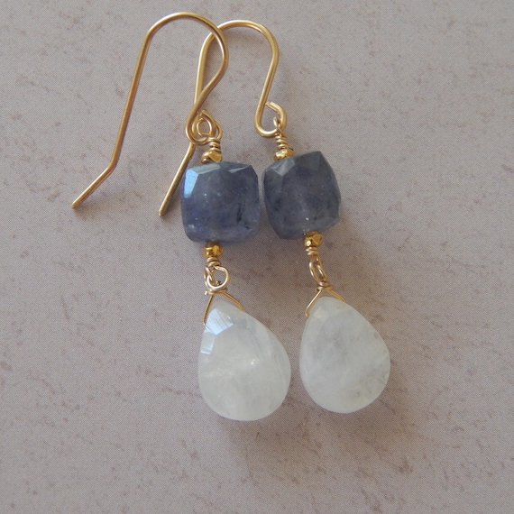 Iolite cube and moonstone briolette earrings, boho jewelry, gift for her, dangle earrings
