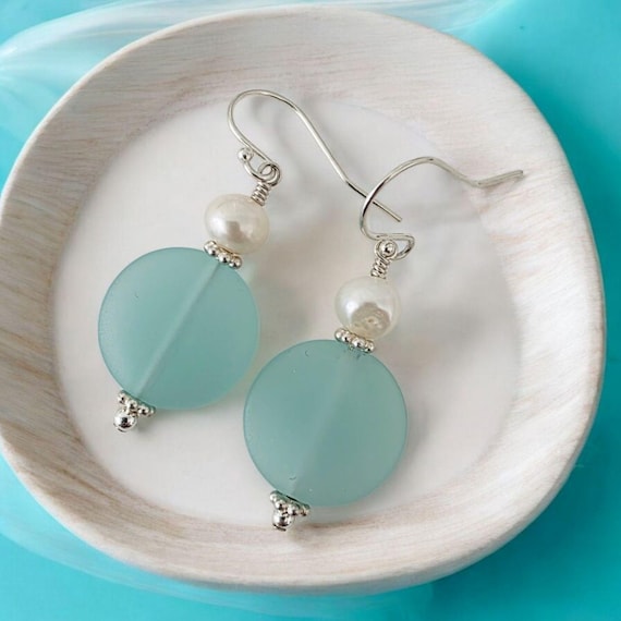 Aqua Seaglass Pearl Earrings, Sterling Silver Boho Jewelry