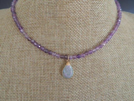 Amethyst necklace with druzy charm, boho necklace, beaded necklace
