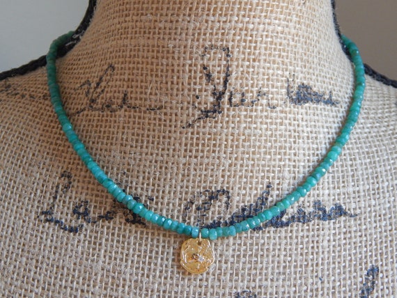 Emerald choker with gold cubic zirconia charm, boho necklace, valentines day gift for her, May birthstone