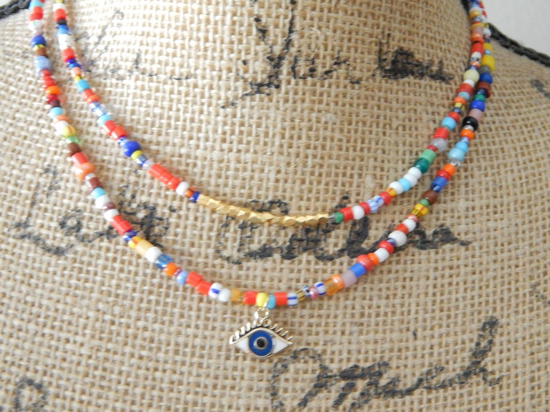Dainty Colorful Glass Seed Bead Necklace With Brass Beads Etsy