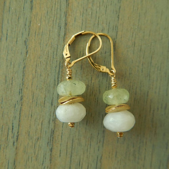 Moonstone and prehnite dangle earrings, gold filled leverbacks, boho jewelry
