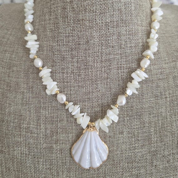 Mother of pearl nugget necklace with shell pendant, beach jewelry