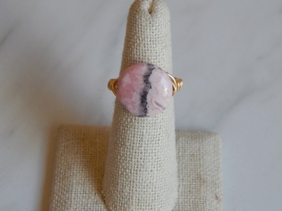 Wire wrapped pink rhodochrosite ring, statement jewelry