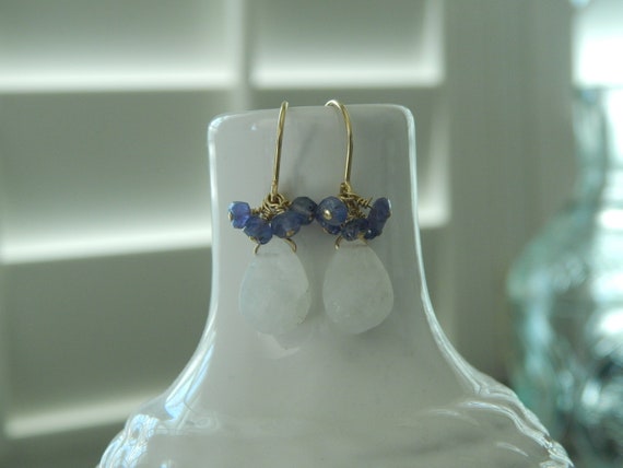 White moonstone with tanzanite gemstones, gold filled earwires, boho jewelry, gift for her
