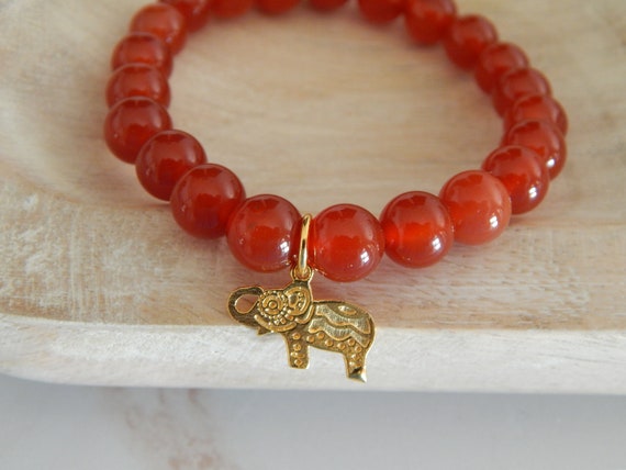 Red carnelian stretch bracelet with gold vermeil elephant charm, stacking bracelet, red bracelet