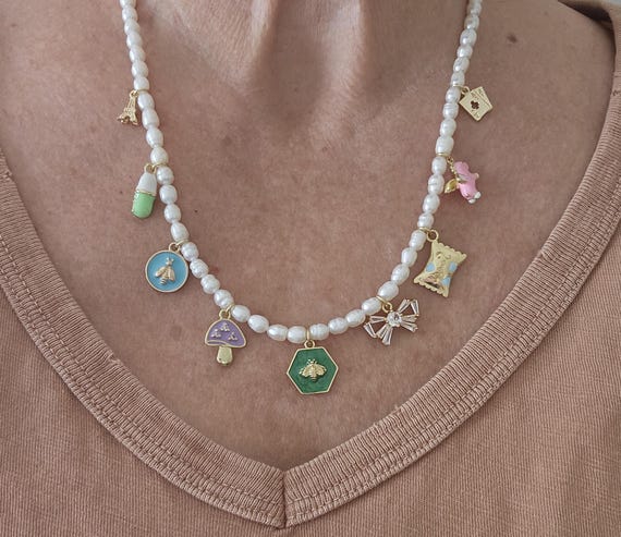 Mixed charm pearl necklace, freshwater pearl necklace, statement jewelry