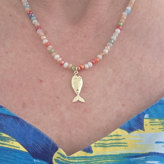 Faceted multi colored crystal beads with gold plated fish pendant, summer necklace