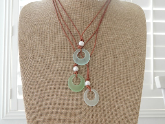 Freshwater pearl and sea glass donut pendant leather necklace, beachy boho style, beach chic necklace