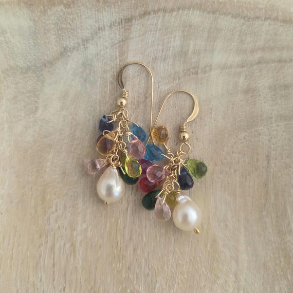 Gemstone cluster and pearl earrings, wedding jewelry