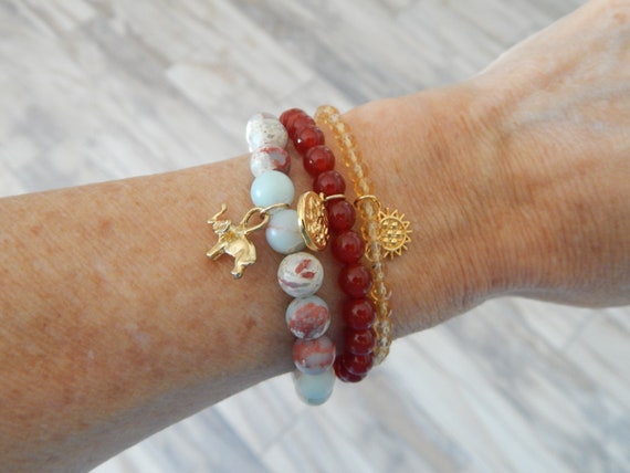 Aqua terra jasper stretch bracelet with gold vermeil elephant charm, stacking bracelet, blue and red, boho chic, wildlife