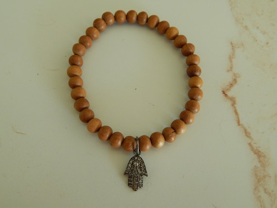 Sandalwood stretch bracelet with pave diamond hamsa hand charm, stacking bracelet, boho chic, boho luxe bracelet, yoga bracelet