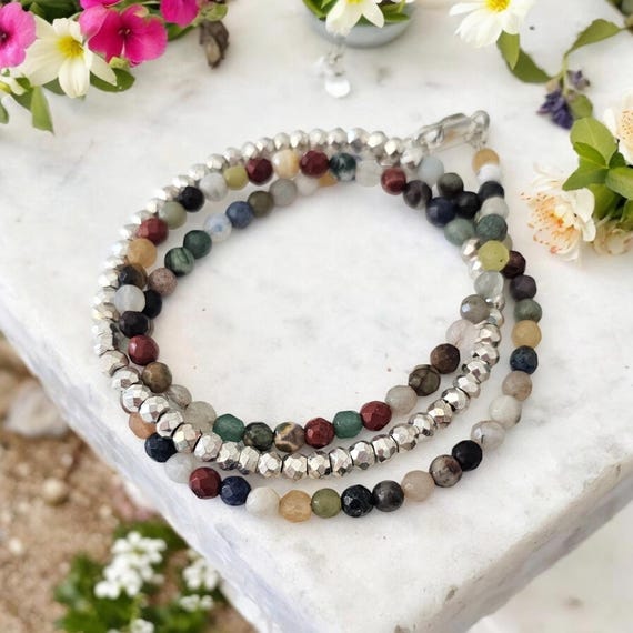 Dainty gemstone triple wrap bracelet, multi gemstone bracelet, boho bracelet