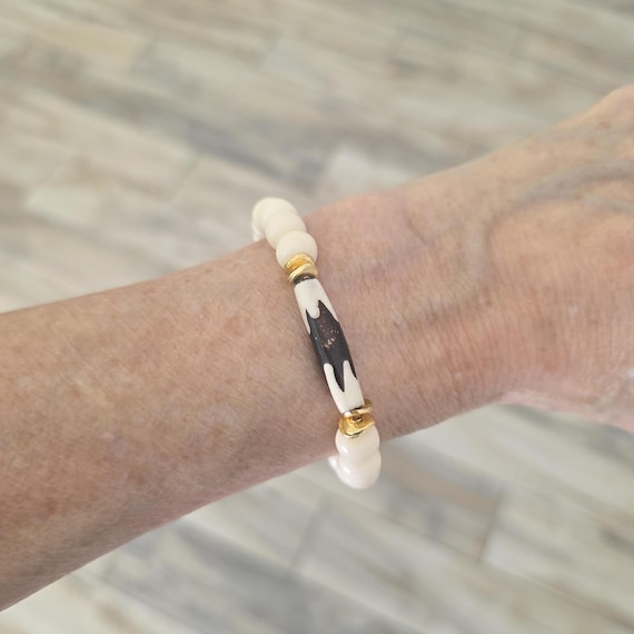 Boho Chic brown Bone Bead Bracelet with Gold Plated Spacers