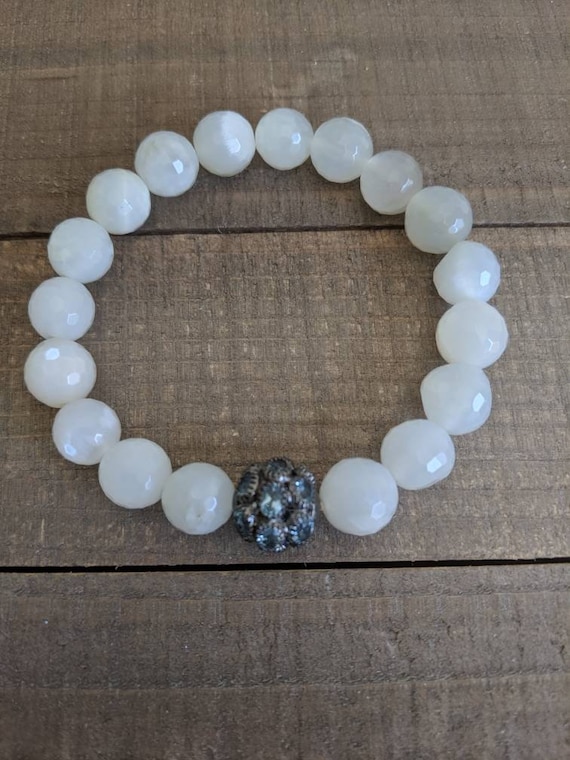White moonstone bracelet with blue topaz bead, beach chic, boho luxe jewelry, sterling silver