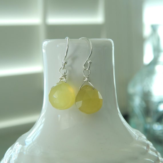 Yellow chalcedony briolette dangle earrings, sterling silver earwires, boho jewelry, gift for her