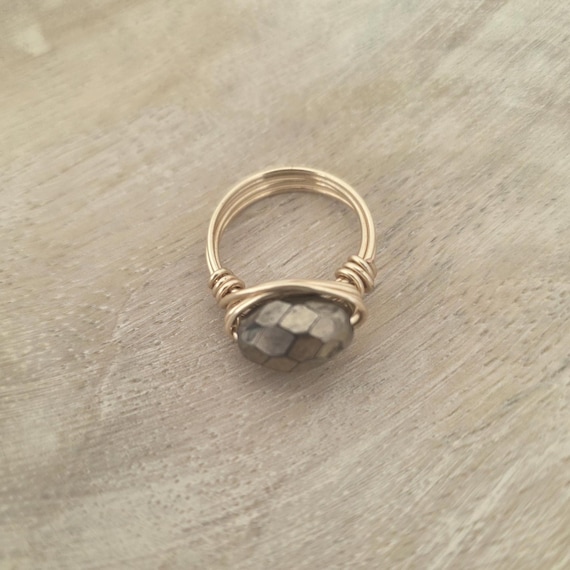 Wire wrapped faceted pyrite ring, statement jewelry