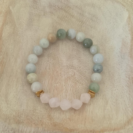 Jade and rose quartz bracelet, Boho Stackable, handmade jewelry