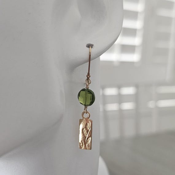 Green quartz earrings with gold vermeil botanical charms, beach boho earrings, summer jewelry