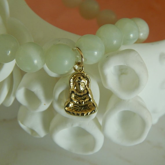 Jade stretch bracelet with gold vermeil buddha charm, stacking bracelet, luck bracelet, boho chic