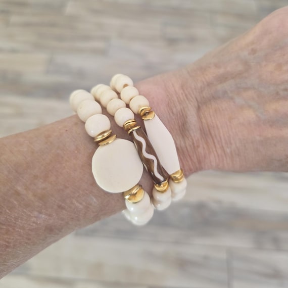 Bone bead bracelet with gold plated spacers, summer bracelet