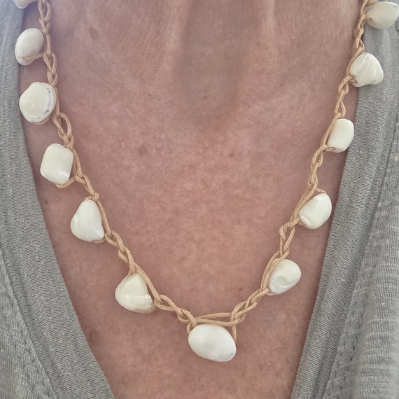 Crochet necklace with white nugget shell beads, summer necklace