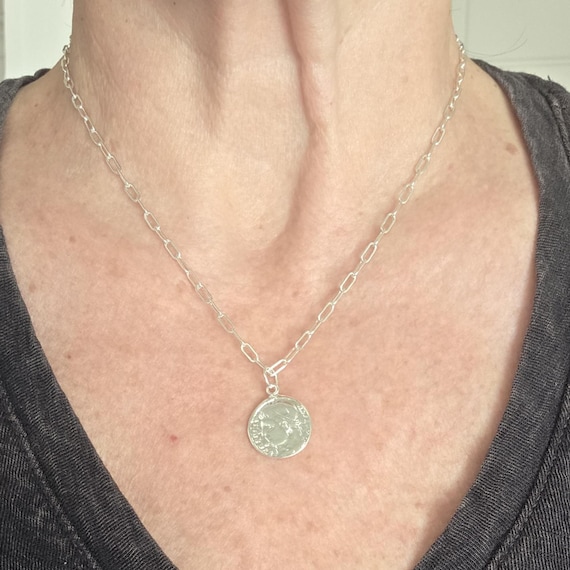 Sterling silver roman coin necklace, trendy jewelry, paper clip necklace